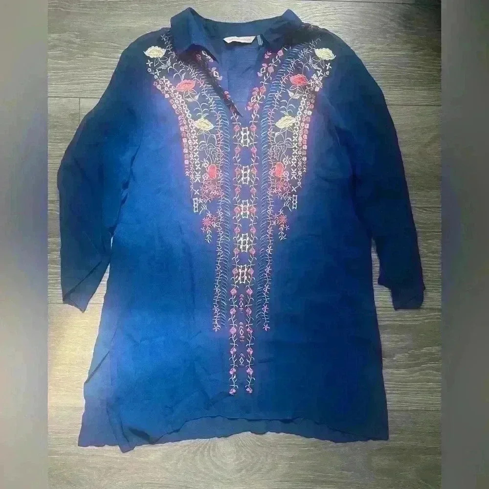 Soft Surroundings Sheer Blue Floral Embroidered Tunic Size S